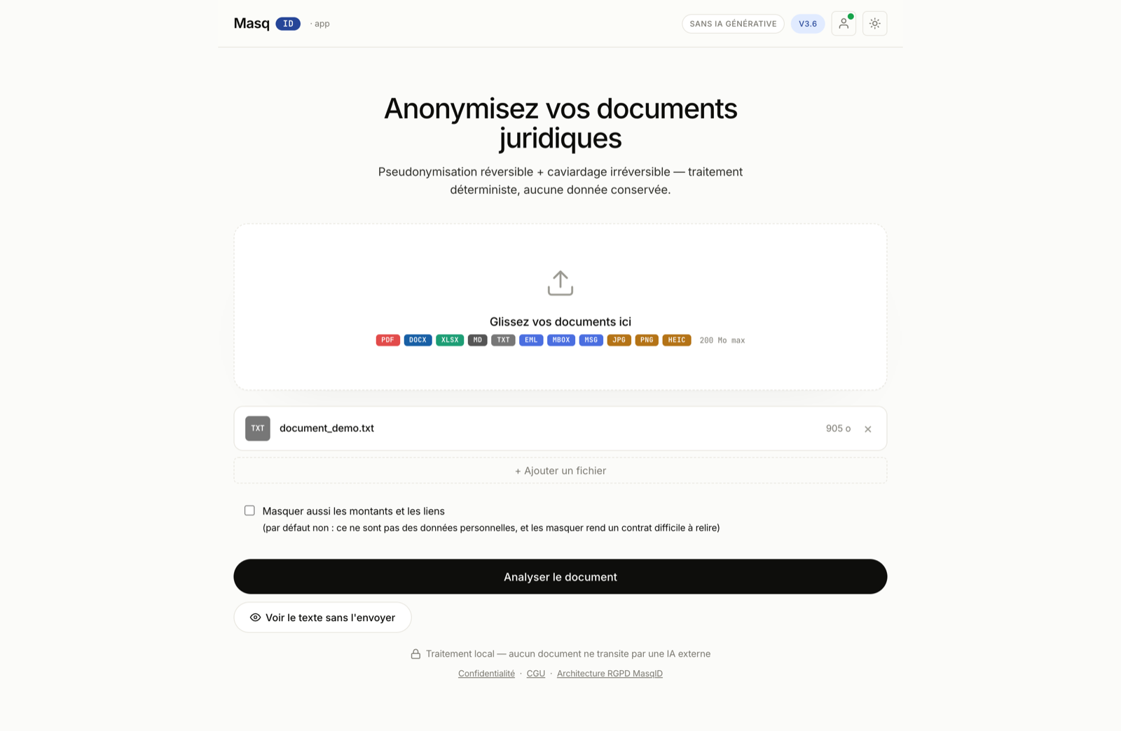 L'écran de dépôt de MasqID : un fichier chargé, la case des montants, le bouton Analyser le document